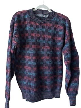 Crossings Vintage 100% Wool Knit Sweater USA Made XL Purple Blue Geometric